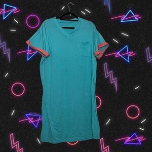 80s Teal night gown with coral sleeve cuffs. Very nice worn feel